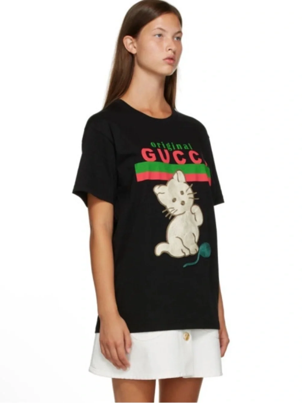 Gucci Black Tee with Cream Cat Patch and Green-Red Logo